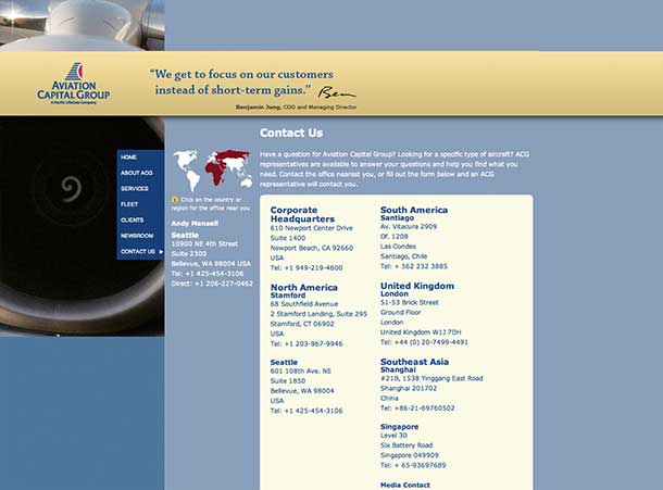 web design of Aviation Capital Group Contact page