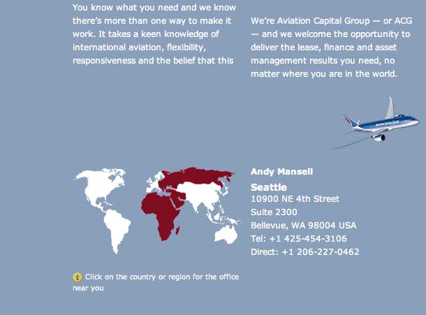 Close up of web design of Aviation Capital Group interractive map