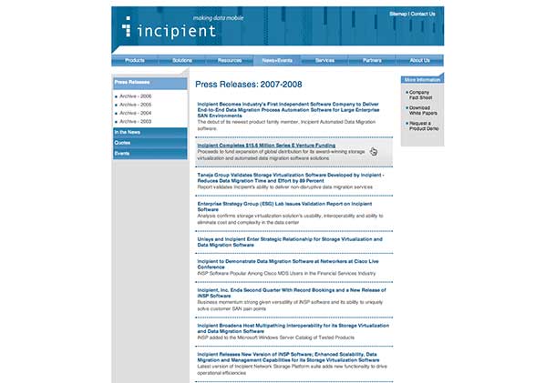 web design of Incipient Software press release page
