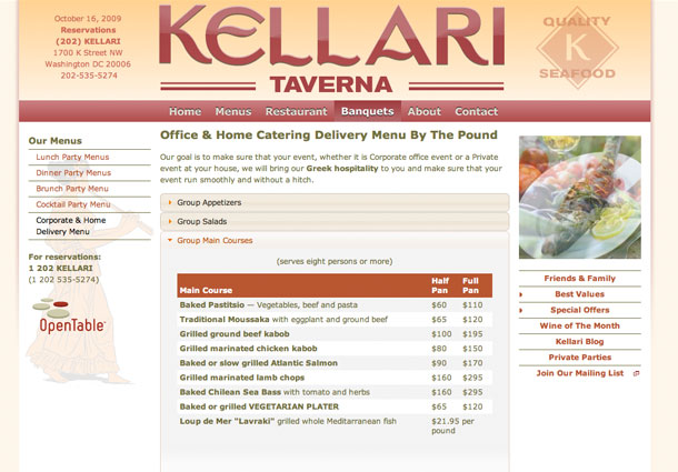 Delivery menu web design for Kellari Taverna web site