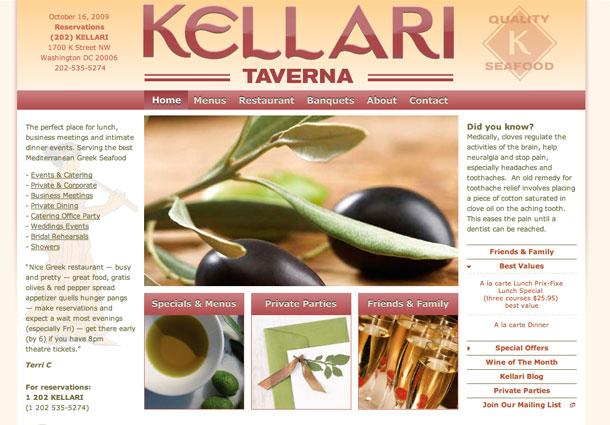 Home page web design for Kellari Taverna Restaurant web site