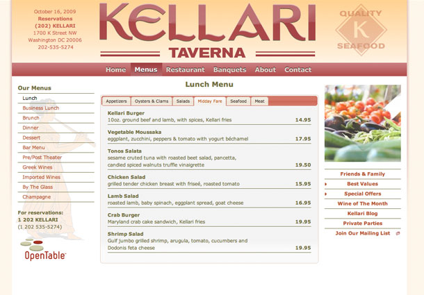 Lunch menu web design for Kellari Taverna Restaurant web site
