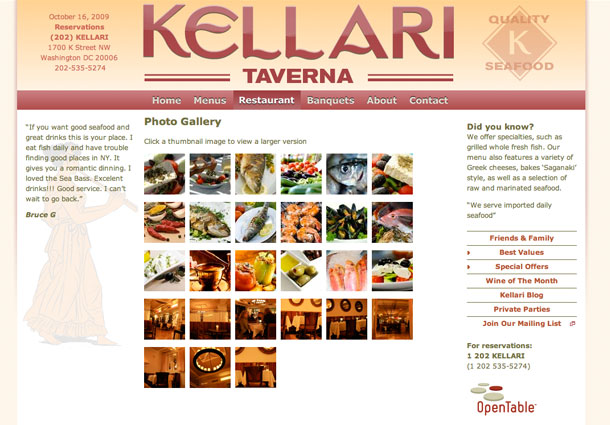 Photo gallery web design for Kellari Taverna web design
