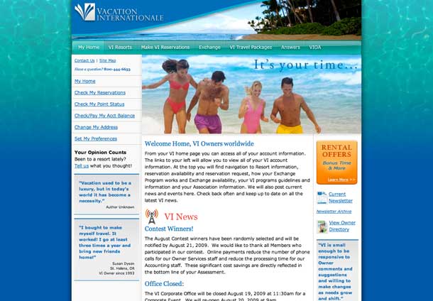 Web design of Vacation Internationale owners home page
