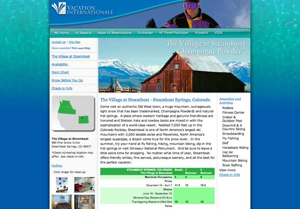 Web design of Vacation Internationale the Village at Steamboat resort page