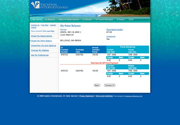 Web design of Vacation Internationale my point balance page