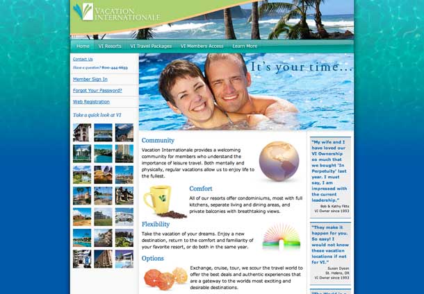 Web design of Vacation Internationale public home page