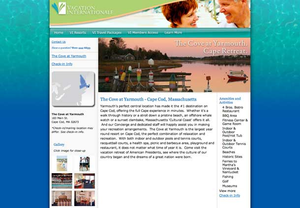 Web design of Vacation Internationale the Cove at Yarmouth resort page