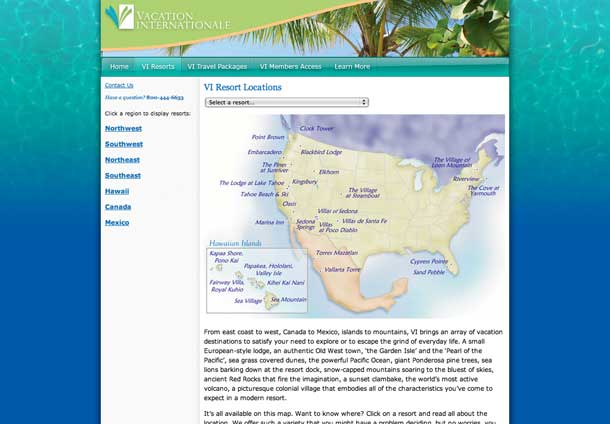 Web design of Vacation Internationale public resorts page