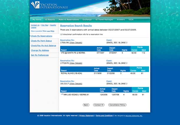 Web design of Vacation Internationale reservation search page