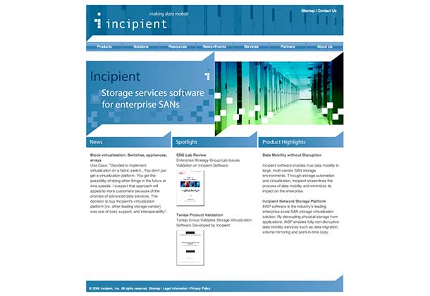 web design of Incipient Software home page