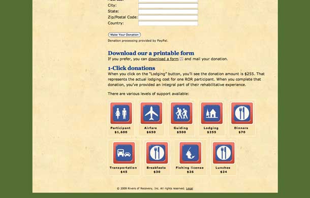 Web design of Rivers of Recovery 1-click donation buttons