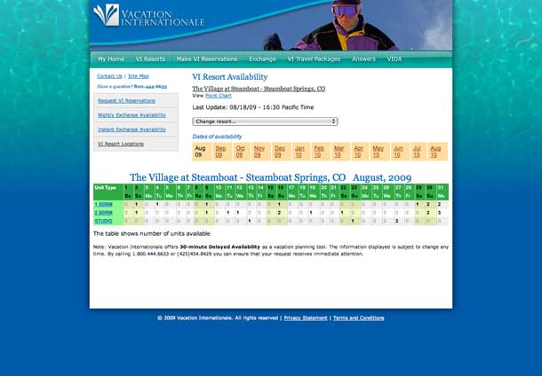 Web design of Vacation Internationale resort availability page